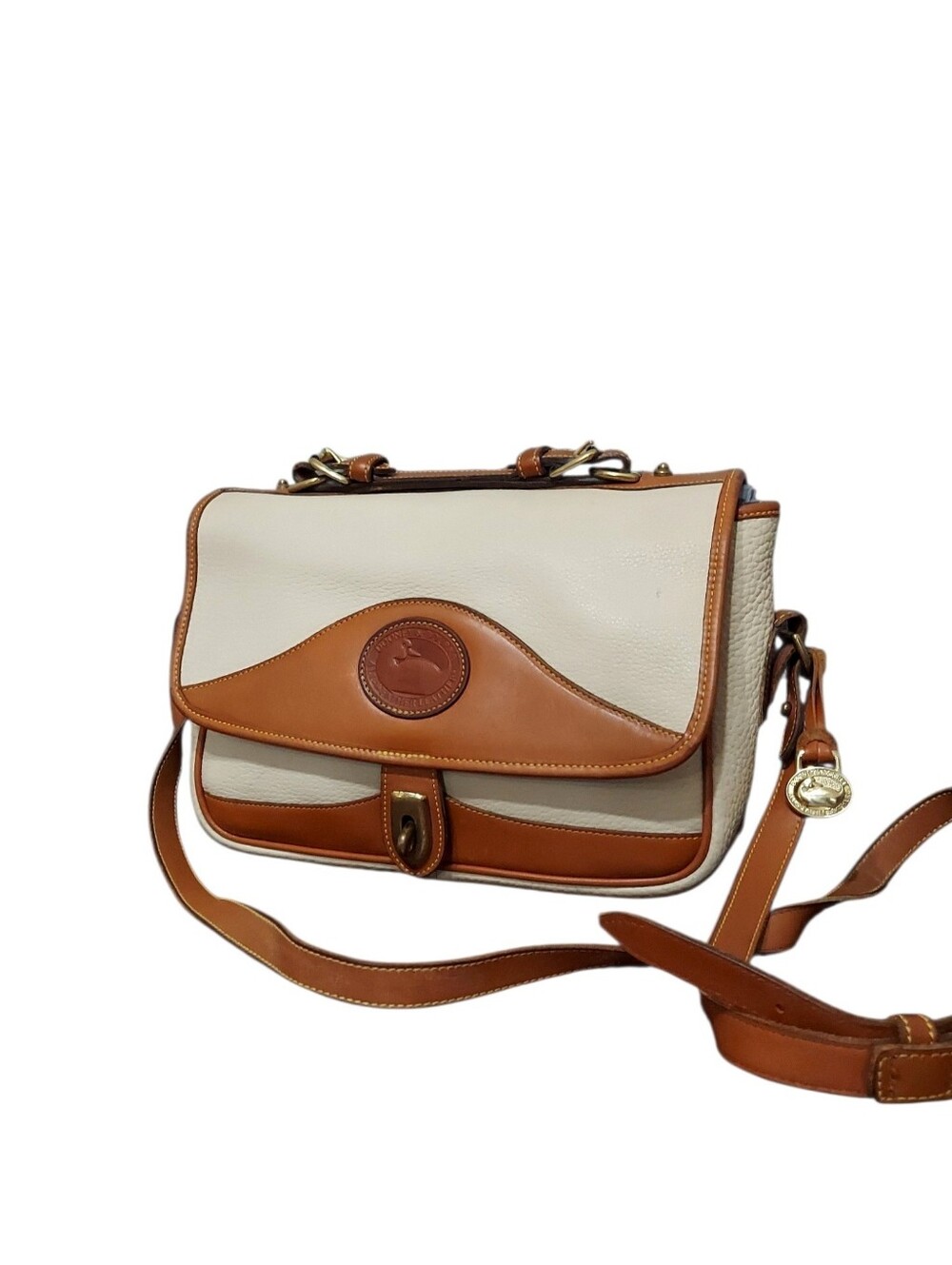 Dooney & Bourke R701 Carrier Bone & British Tan  Leather Shoulder Bag 1990's